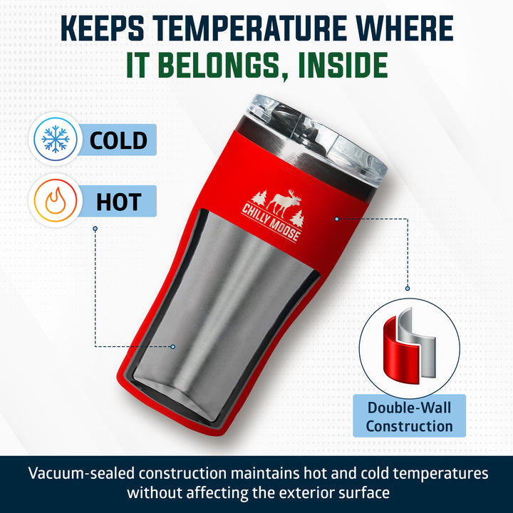 A red and stainless steel insulated tumbler with a clear lid, shown on a light background with marketing text and callouts. The tumbler has a visible 'Chilly Moose' logo on the red section.#colour_canoe-red