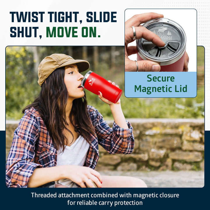A promotional graphic for a red insulated tumbler with a magnetic lid. The left side shows a woman outdoors drinking from the tumbler, while the right side has an inset close-up of a hand twisting the lid to unlock it and sliding it off.#colour_canoe-red