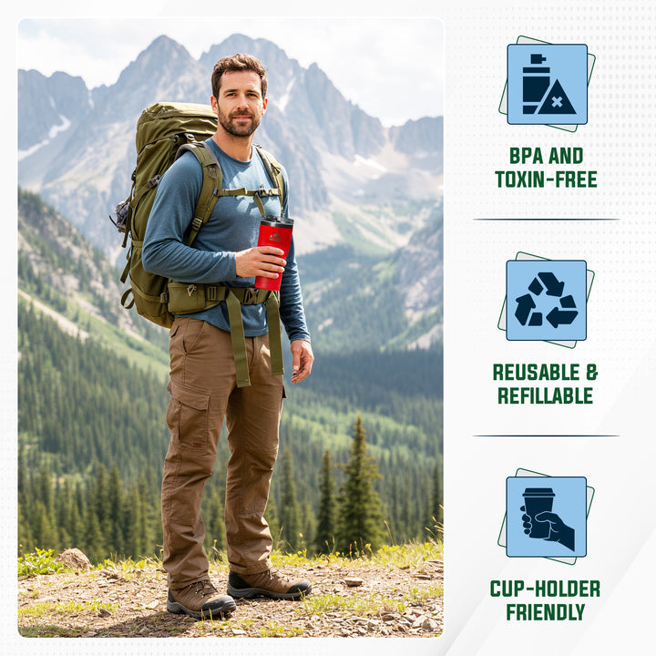 A man wearing a large olive green hiking backpack, blue long-sleeve shirt, and brown pants stands in a mountain landscape holding a red insulated cup. On the right is a white panel with blue icons and text reading 'BPA AND TOXIN-FREE,' 'REUSABLE & REFILLABLE,' and 'CUP-HOLDER FRIENDLY.#colour_canoe-red