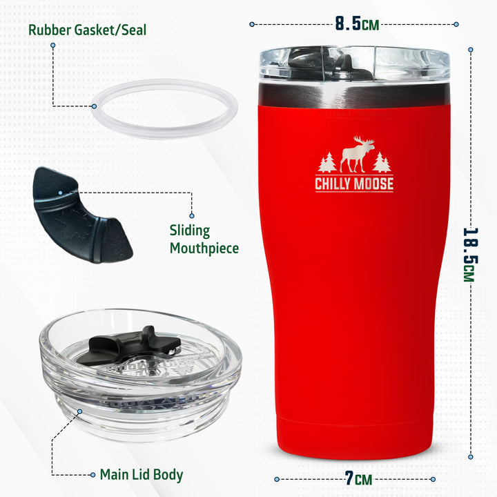 A red insulated tumbler with a clear lid and accessories on a white background, annotated with dimensions and labels for the rubber gasket, sliding mouthpiece, main lid body, and overall size.#colour_canoe-red