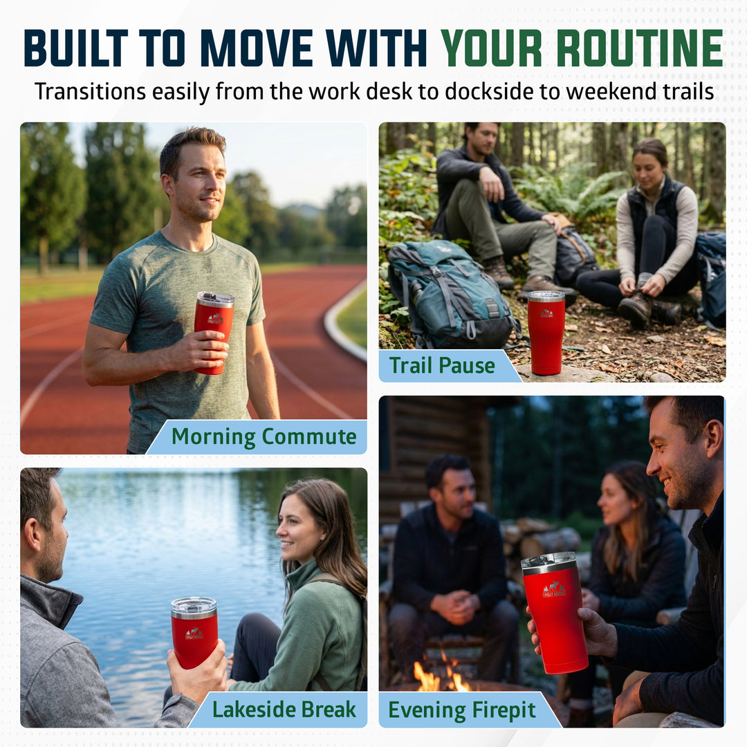 A promotional collage with four lifestyle panels showing people holding a red travel tumbler in different settings: a man on a running track at sunrise, a group sitting on a trail with backpacks, two people by a lake, and a group around a campfire. Text at the top reads 'BUILT TO MOVE WITH YOUR ROUTINE' and the bottom labels the scenes 'Morning Commute,' 'Trail Pause,' 'Lakeside Break,' and 'Evening Firepit.#colour_canoe-red