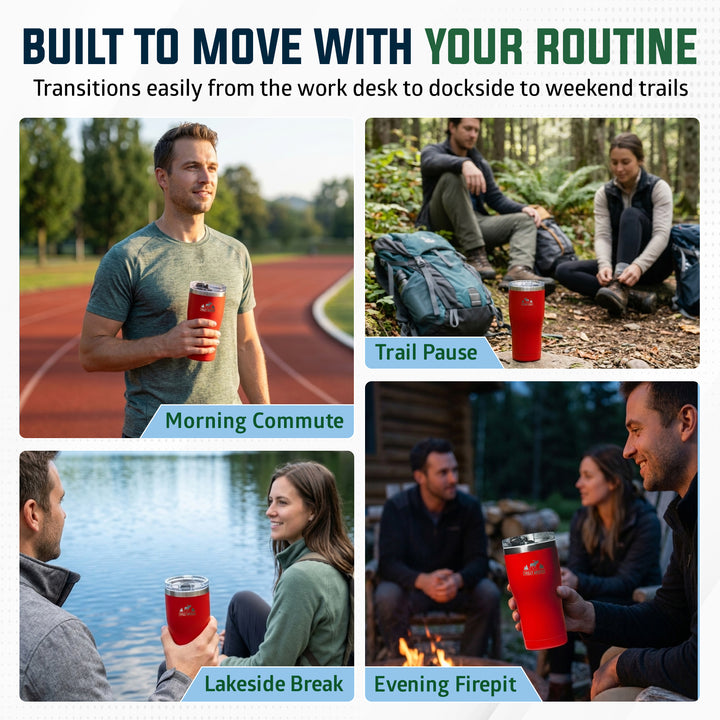 A promotional collage with four lifestyle panels showing people holding a red travel tumbler in different settings: a man on a running track at sunrise, a group sitting on a trail with backpacks, two people by a lake, and a group around a campfire. Text at the top reads 'BUILT TO MOVE WITH YOUR ROUTINE' and the bottom labels the scenes 'Morning Commute,' 'Trail Pause,' 'Lakeside Break,' and 'Evening Firepit.#colour_canoe-red