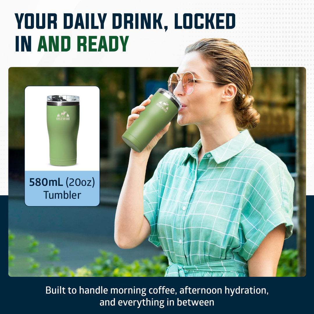 A woman in a mint green plaid shirt drinks from an olive green insulated tumbler outdoors. The image includes a product inset showing the tumbler alone and marketing text that reads 'YOUR DAILY DRINK, LOCKED IN AND READY' and '580ML (20oz) Tumbler.#colour_sage