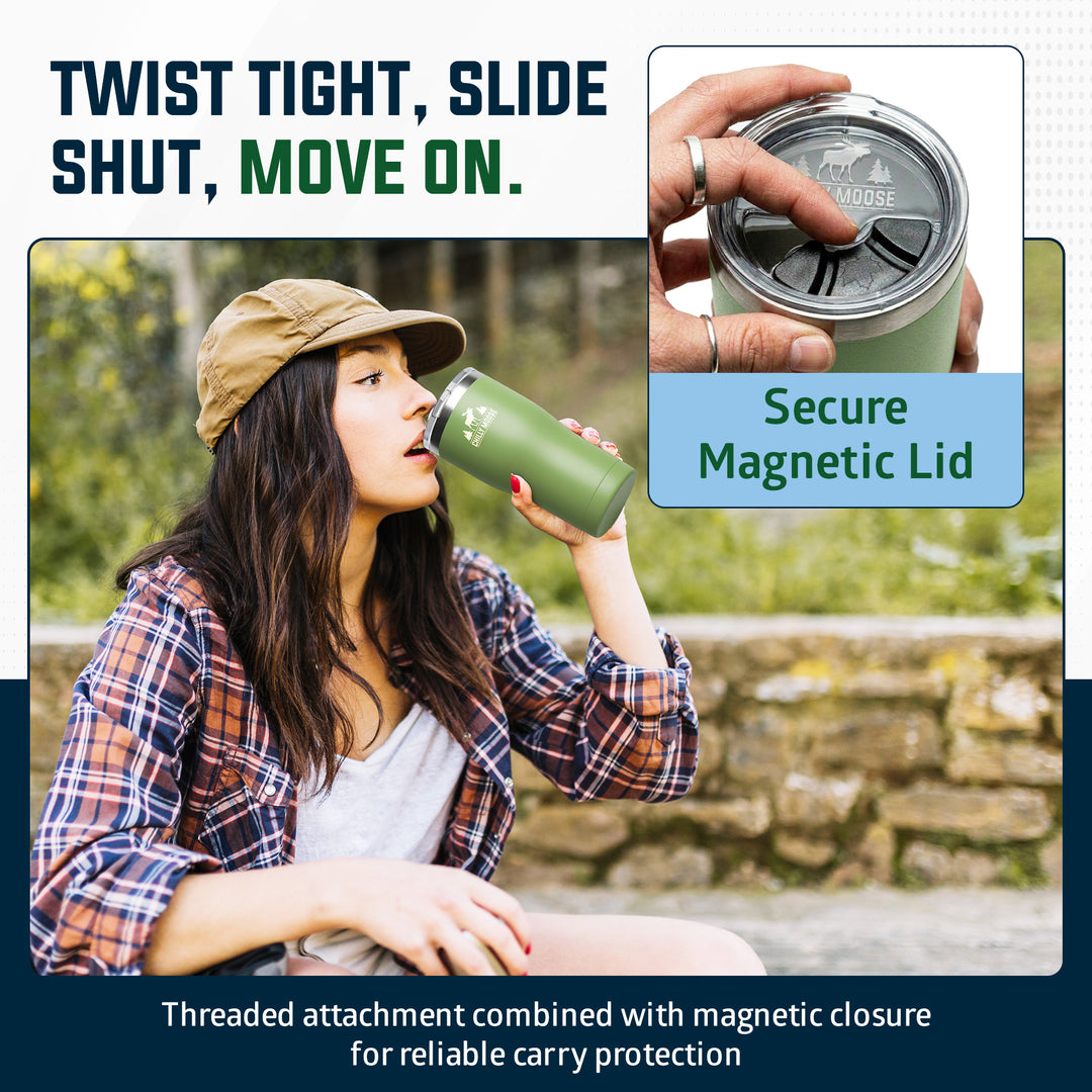A promotional graphic for a green insulated tumbler with a magnetic lid. It includes a lifestyle photo of a woman drinking from the tumbler outdoors, a close-up inset showing the magnetic lid being pressed onto the tumbler, and text reading 'Twist tight, slide shut, move on.#colour_sage