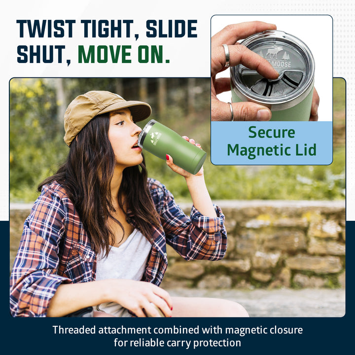 A promotional graphic for a green insulated tumbler with a magnetic lid. It includes a lifestyle photo of a woman drinking from the tumbler outdoors, a close-up inset showing the magnetic lid being pressed onto the tumbler, and text reading 'Twist tight, slide shut, move on.#colour_sage