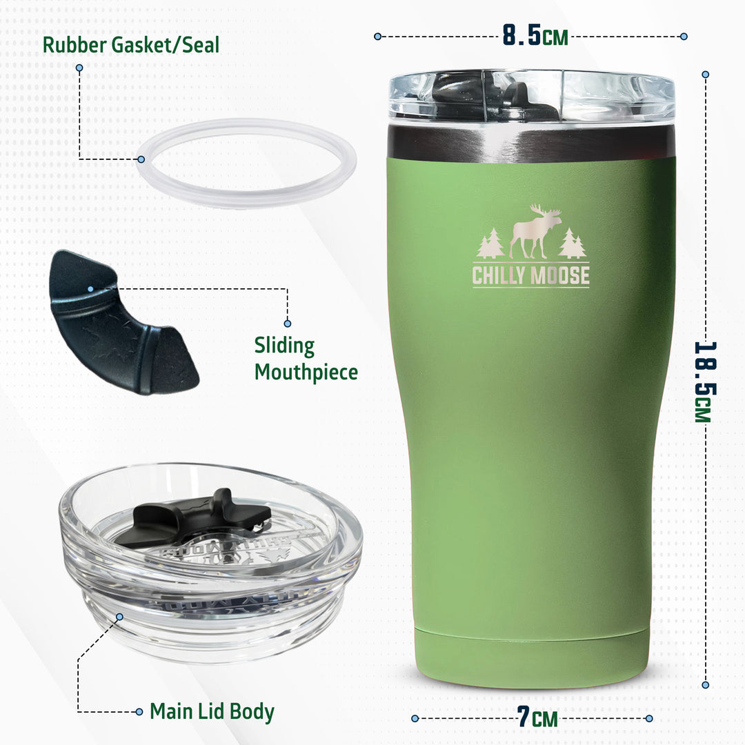 A green insulated tumbler with a clear lid and accessories shown on a white background with dimension labels. The tumbler has a white moose logo and the text 'CHILLY MOOSE' on the front.#colour_sage