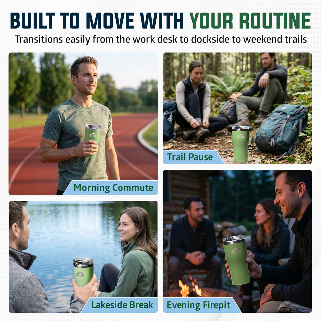 A promotional collage with four lifestyle panels showing a green insulated travel tumbler in use: on a running track in the morning, trail pause with backpacks, lakeside break by a lake, and evening firepit around a campfire. Large text at the top reads 'BUILT TO MOVE WITH YOUR ROUTINE' and smaller text explains smooth transitions from work desk to dockside to weekend trails.#colour_sage