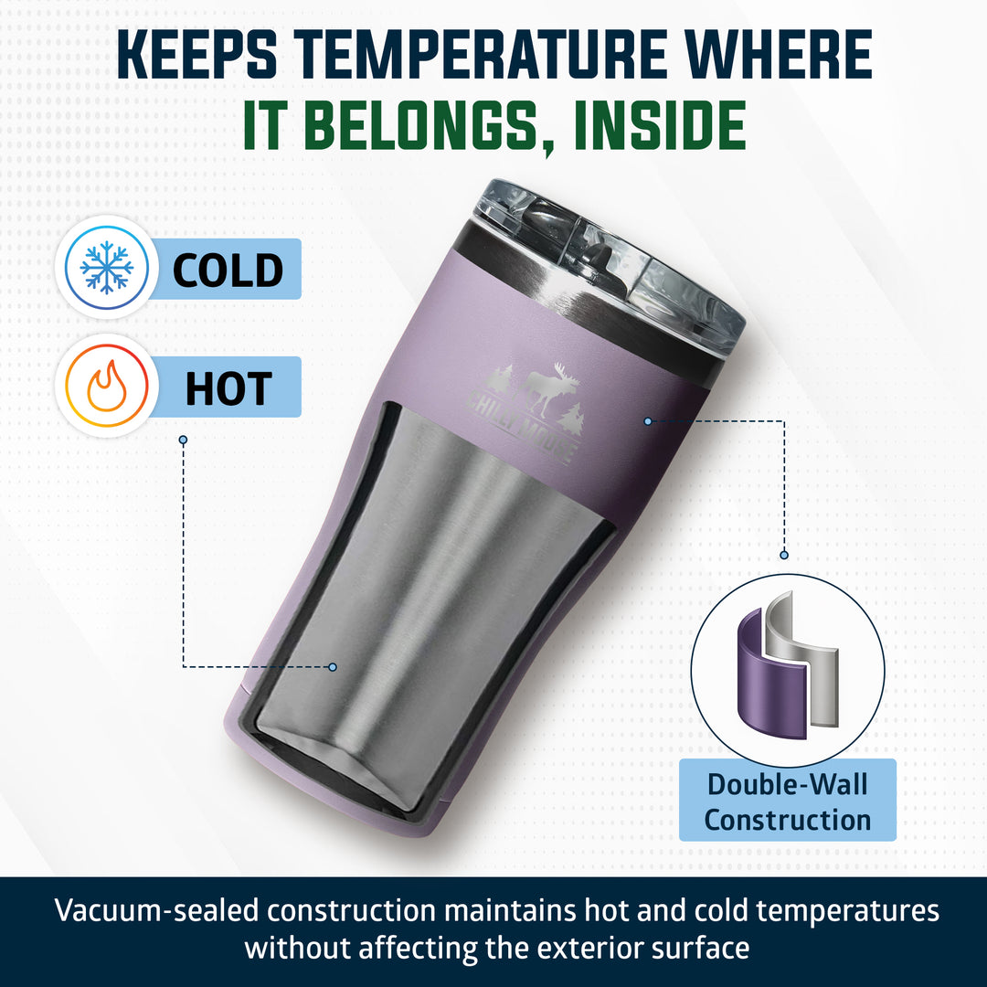 A purple and stainless steel insulated travel tumbler with a clear lid, shown on a light background with marketing text and callouts for cold and hot temperature retention, plus a double-wall construction inset.#colour_thistle