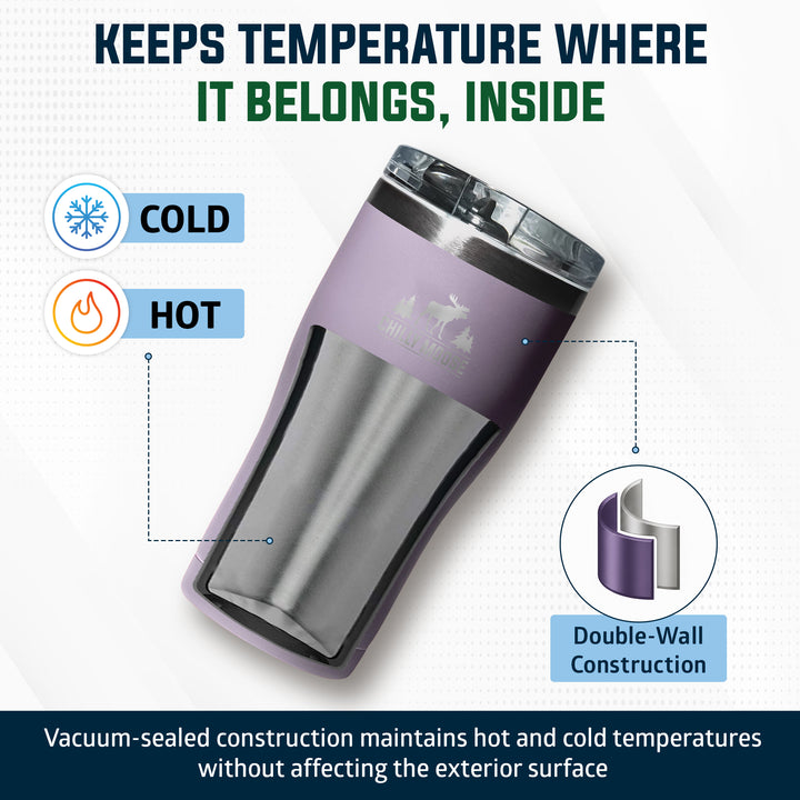 A purple and stainless steel insulated travel tumbler with a clear lid, shown on a light background with marketing text and callouts for cold and hot temperature retention, plus a double-wall construction inset.#colour_thistle