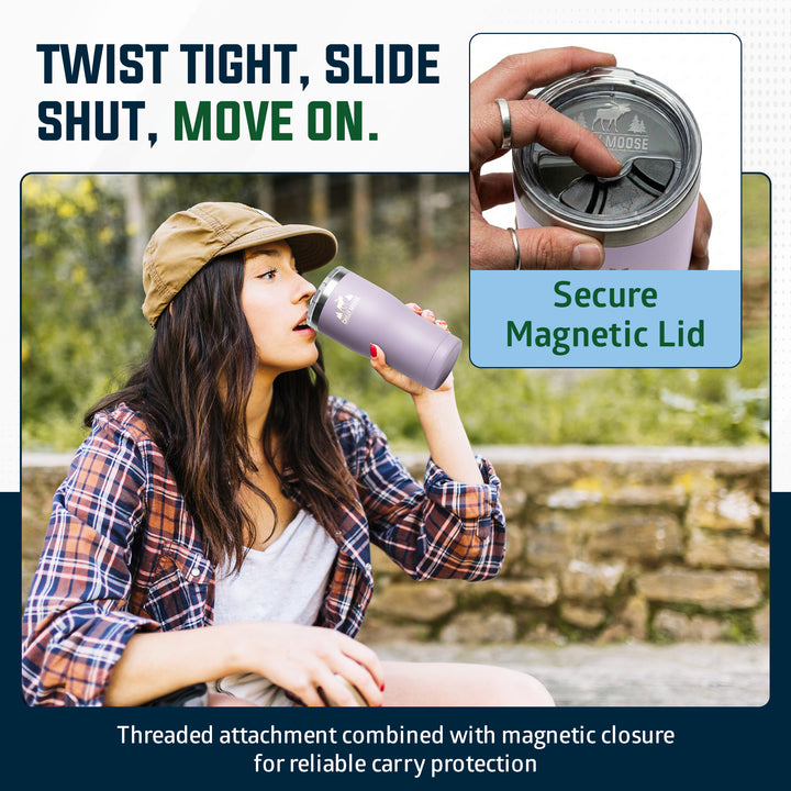 Promotional graphic for a magnetic insulated tumbler. A woman outdoors is shown drinking from a mauve-tinted tumbler, with a top-right inset demonstrating the lid being twisted and slid off magnetically.#colour_thistle