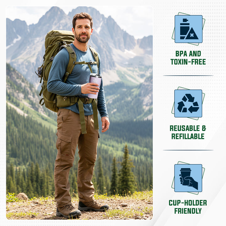 A man hiking in a mountain landscape wearing brown outdoor cargo pants, a blue long-sleeve shirt, and a large green backpack, while holding a reusable cup. On the right side of the image are three blue feature icons with text reading 'BPA AND TOXIN-FREE,' 'REUSABLE & REFILLABLE,' and 'CUP-HOLDER FRIENDLY.#colour_thistle