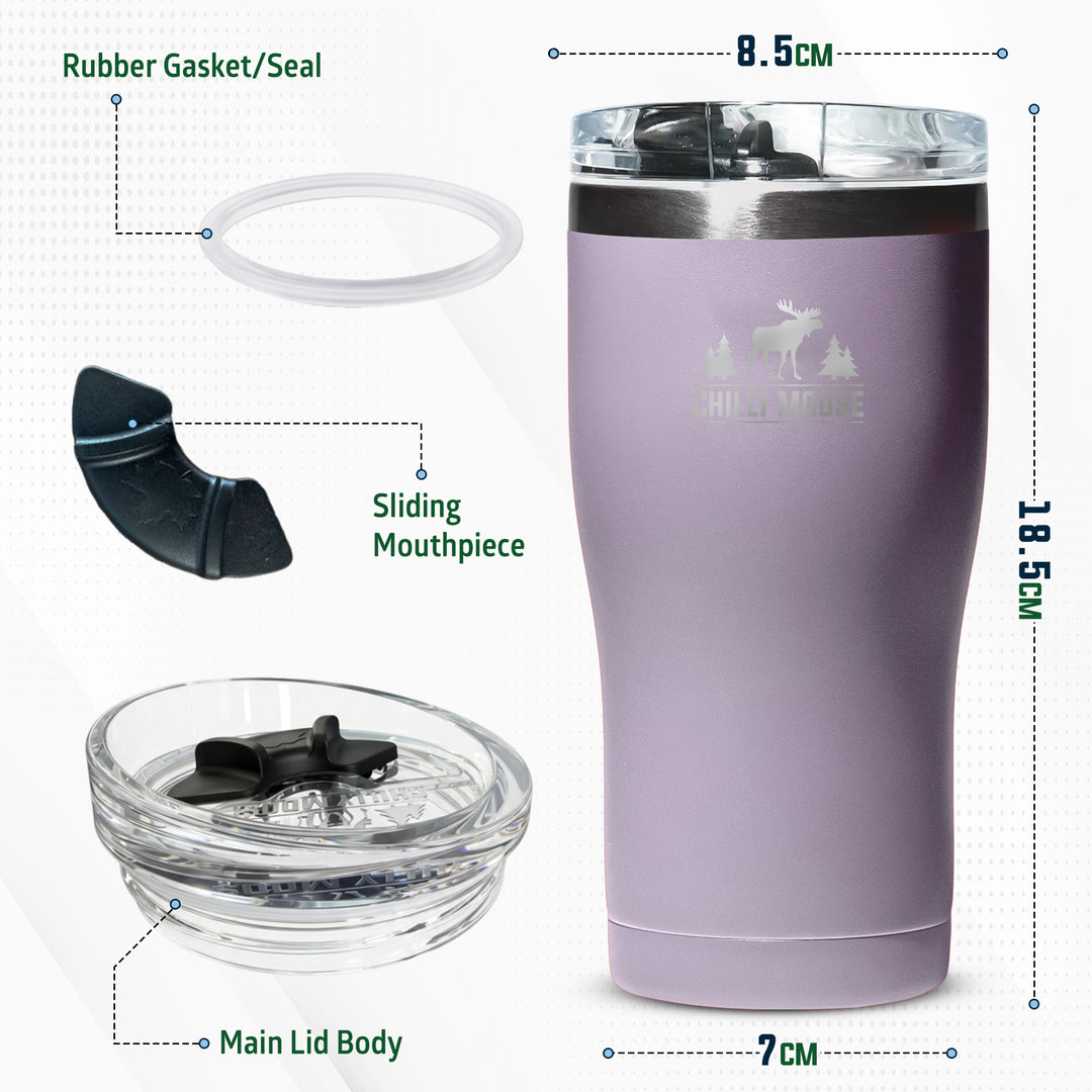 A product infographic showing a lavender insulated tumbler with dimension labels and callouts for included parts: rubber gasket/seal, sliding mouthpiece, main lid body, and lid. The tumbler has a frosted moose logo and reads 'CHILLING OUT'.#colour_thistle