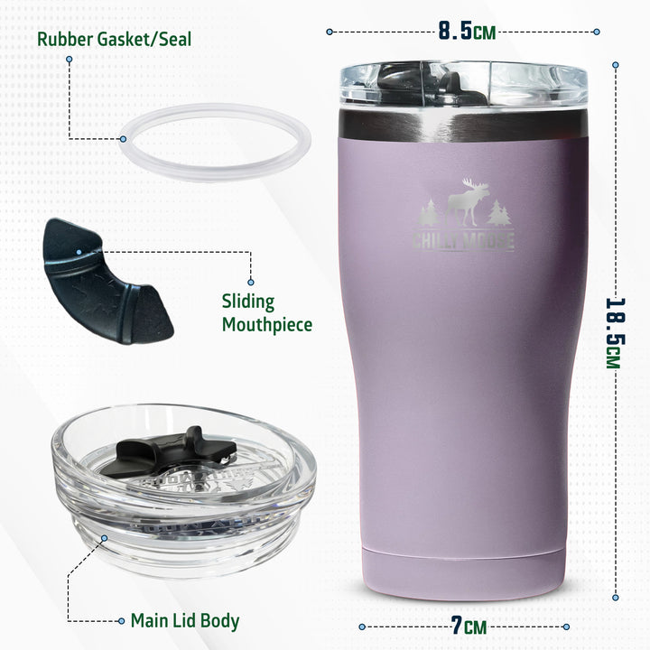 A product infographic showing a lavender insulated tumbler with dimension labels and callouts for included parts: rubber gasket/seal, sliding mouthpiece, main lid body, and lid. The tumbler has a frosted moose logo and reads 'CHILLING OUT'.#colour_thistle