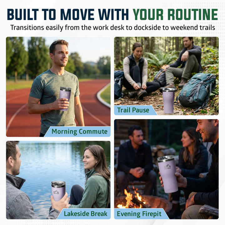 A promotional collage with the headline 'BUILT TO MOVE WITH YOUR ROUTINE' and four lifestyle panels showing a light purple travel tumbler in use on a track, trail, lakeside, and around a campfire.#colour_thistle
