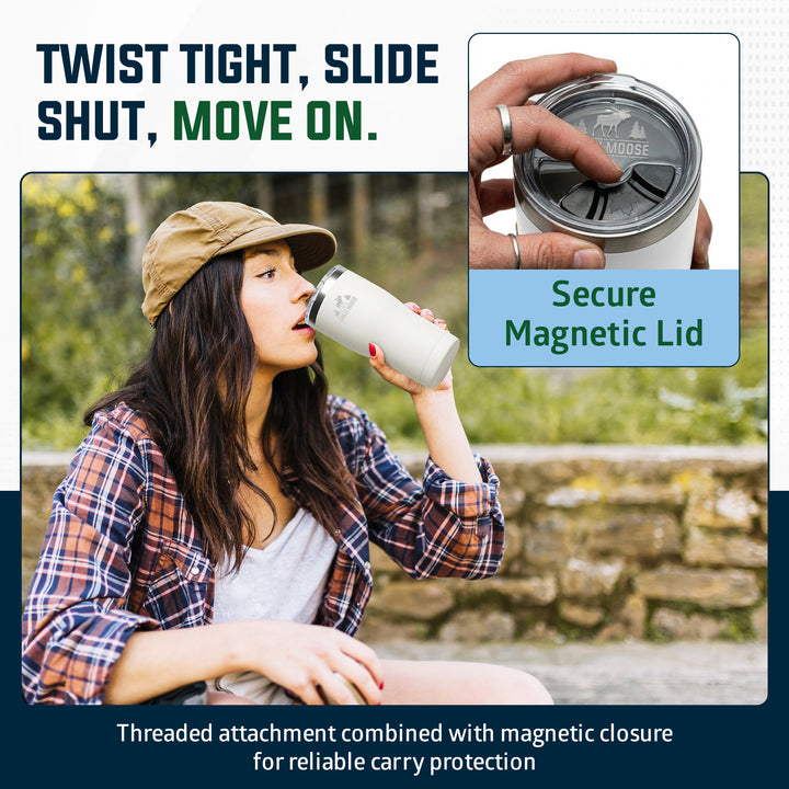 A promotional graphic for a stainless steel travel tumbler with a magnetic lid. The left side shows a woman outdoors drinking from the tumbler, while the top-right inset shows a hand twisting the lid to unlock it and sliding it off. #colour_frost-white
