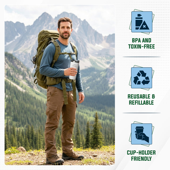 A man wearing a large olive green hiking backpack, blue long-sleeve shirt, and brown pants stands in a mountain landscape holding a reusable cup. On the right side, three blue feature icons read 'BPA AND TOXIN-FREE', 'REUSABLE & REFILLABLE', and 'CUP-HOLDER FRIENDLY'.#colour_frost-white