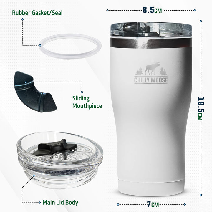 White insulated tumbler with dimension callouts showing 18.5 cm height, 8.#colour_frost-white