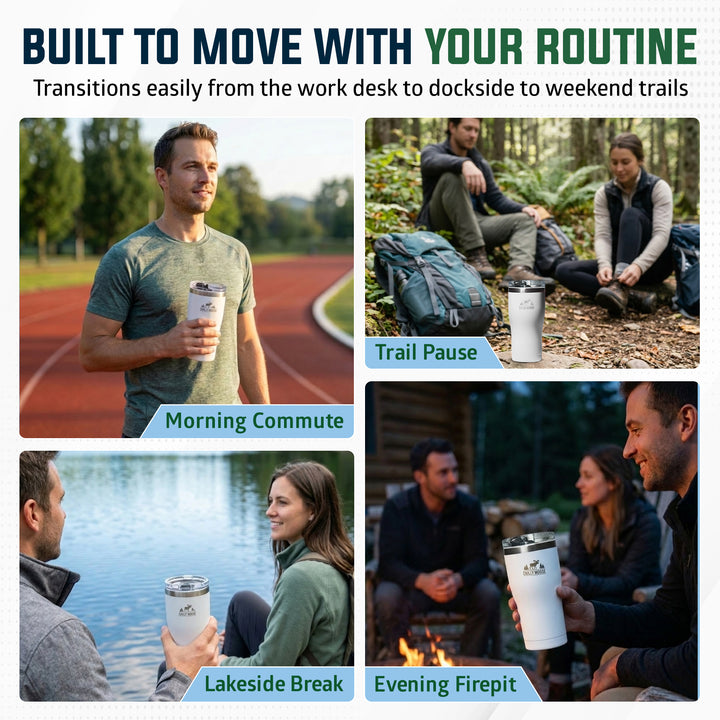 A promotional collage with four lifestyle panels showing people using a stainless steel travel tumbler in different settings: on a running track, sitting on a trail, by a lake, and around a campfire. Large text at the top reads 'BUILT TO MOVE WITH YOUR ROUTINE' and smaller text says transitions easily from the work desk to dockside to weekend trails. #colour_frost-white