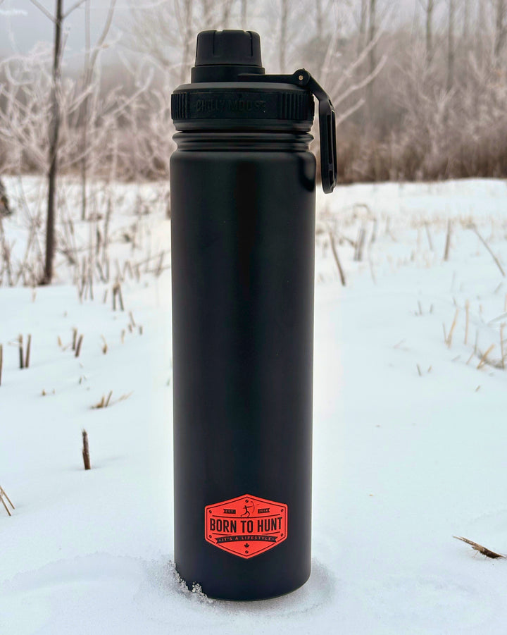 Born to Hunt Brunswick Bottle 709mL in Midnight – Chilly Moose – Snowy outdoor setting #colour_midnight