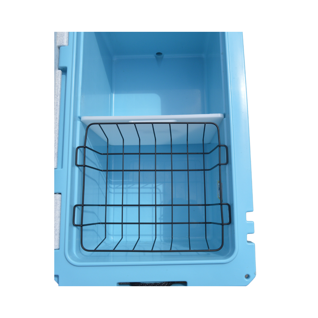 75L Ice Box Essential Kit – Chilly Moose – Open cooler interior with wire basket installed #colour_blue