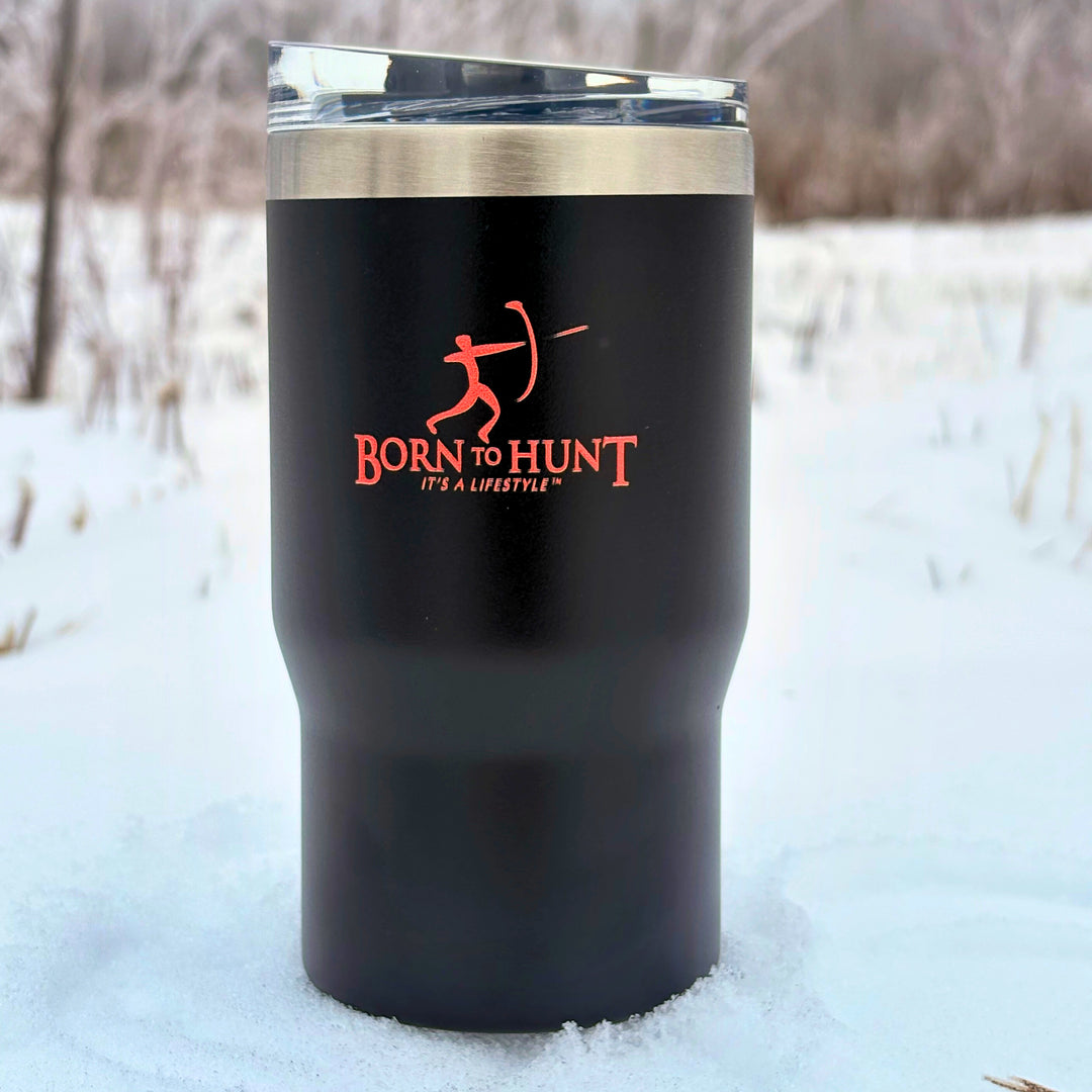 Born to Hunt Brent 5-in-1 Tumbler 410mL in Midnight – Chilly Moose – lifestyle in snow #colour_midnight
