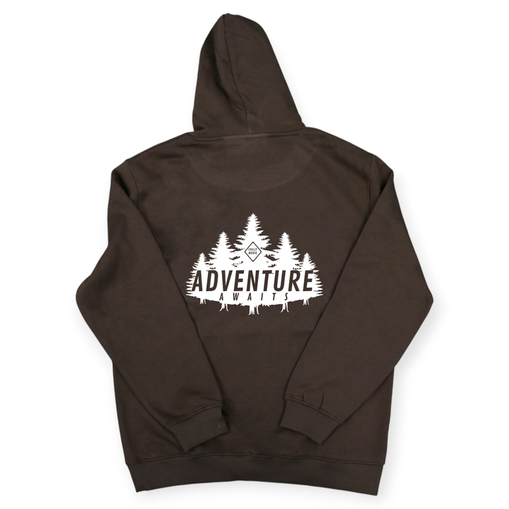 Brown hoodie with 'Adventure Awaits' and forest design on the back, on a white background