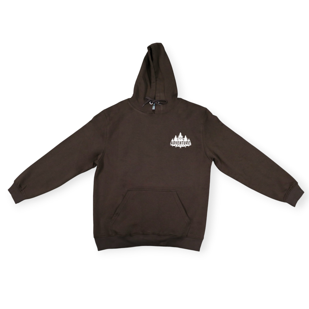 Brown hoodie with a white logo on a white background