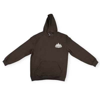 Brown hoodie with a white logo on a white background