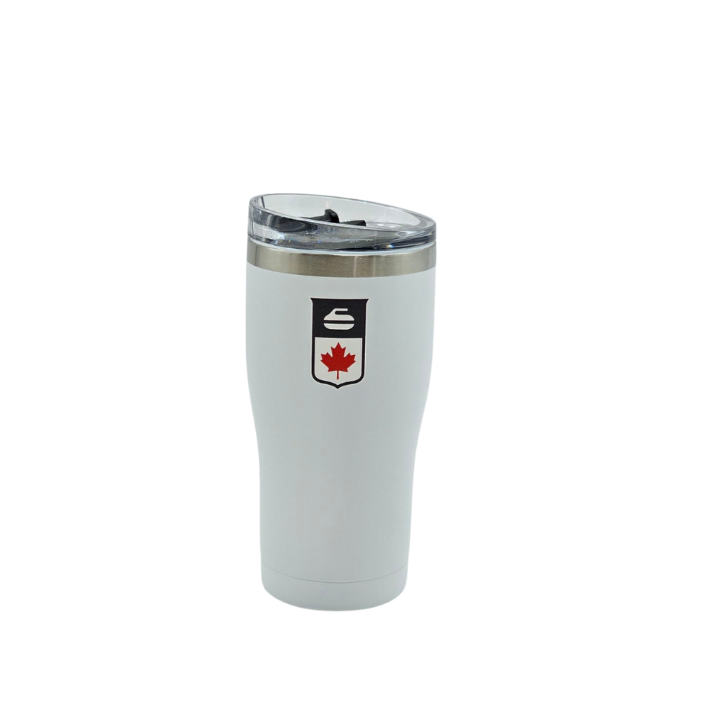 Curling Canada Tumbler 590mL in Frost White – Chilly Moose – Angle View showing slide lid #colour_frost-white