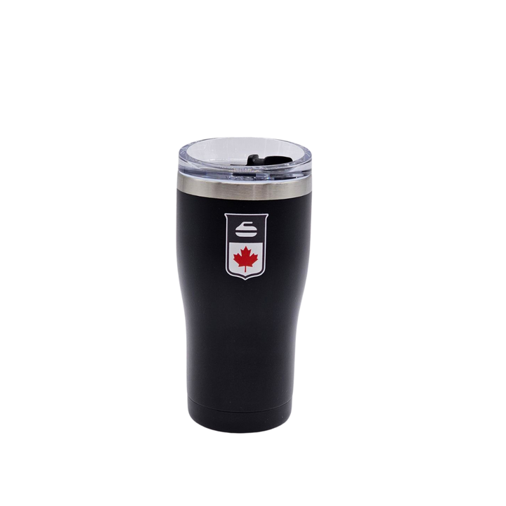 Curling Canada Tumbler 590mL in Midnight – Chilly Moose – Front View showing slide lid #colour_midnight