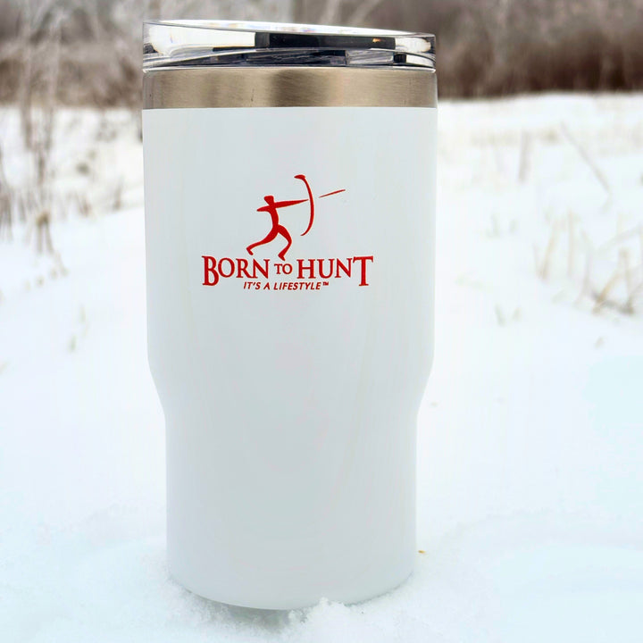 Born to Hunt Brent 5-in-1 Tumbler 410mL in Frost White – Chilly Moose – lifestyle in snow #colour_frost-white
