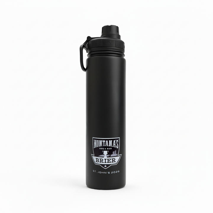 Black water bottle with a logo on a white background