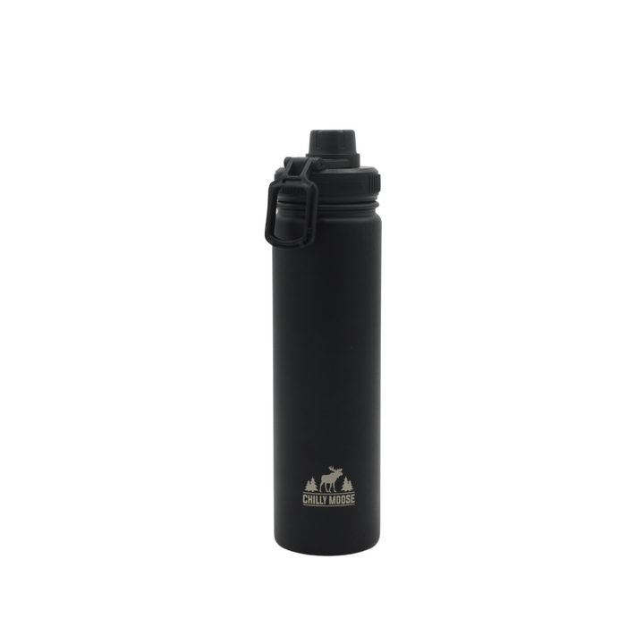 Black water bottle with a logo on a white background