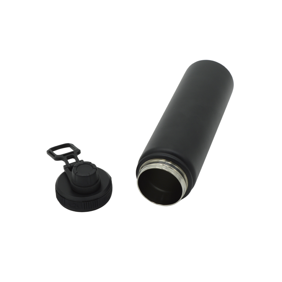 Black thermos bottle with cap on a white background