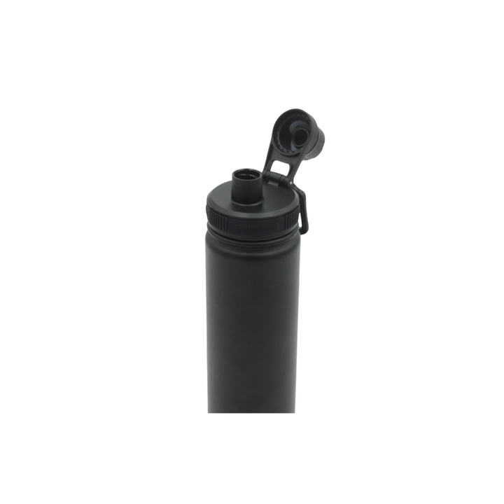Black water bottle with a cap on a white background