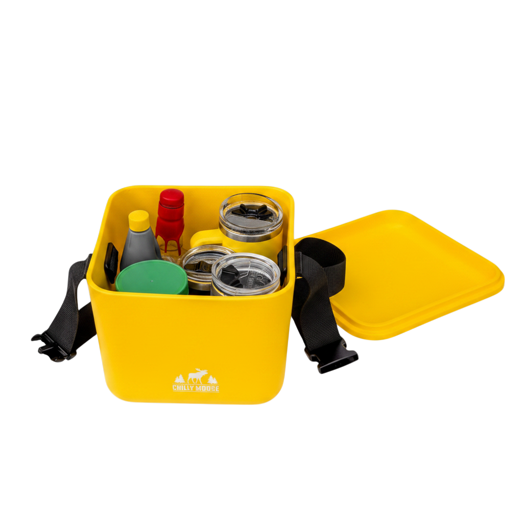 9L Cabot Cooler Cube in sunrise – Chilly Moose – open showing interior with beverages #colour_sunrise
