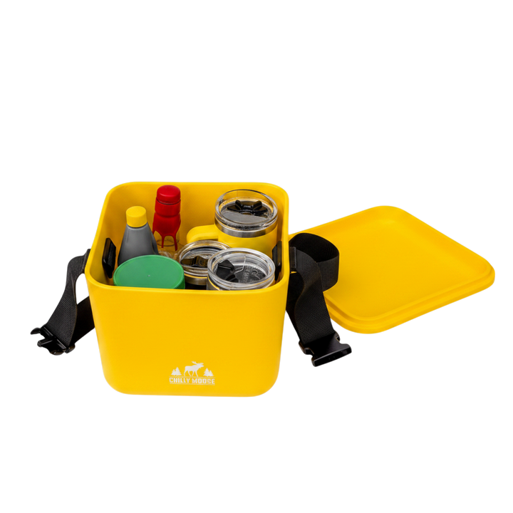 9L Cabot Cooler Cube in sunrise – Chilly Moose – open showing interior with beverages #colour_sunrise