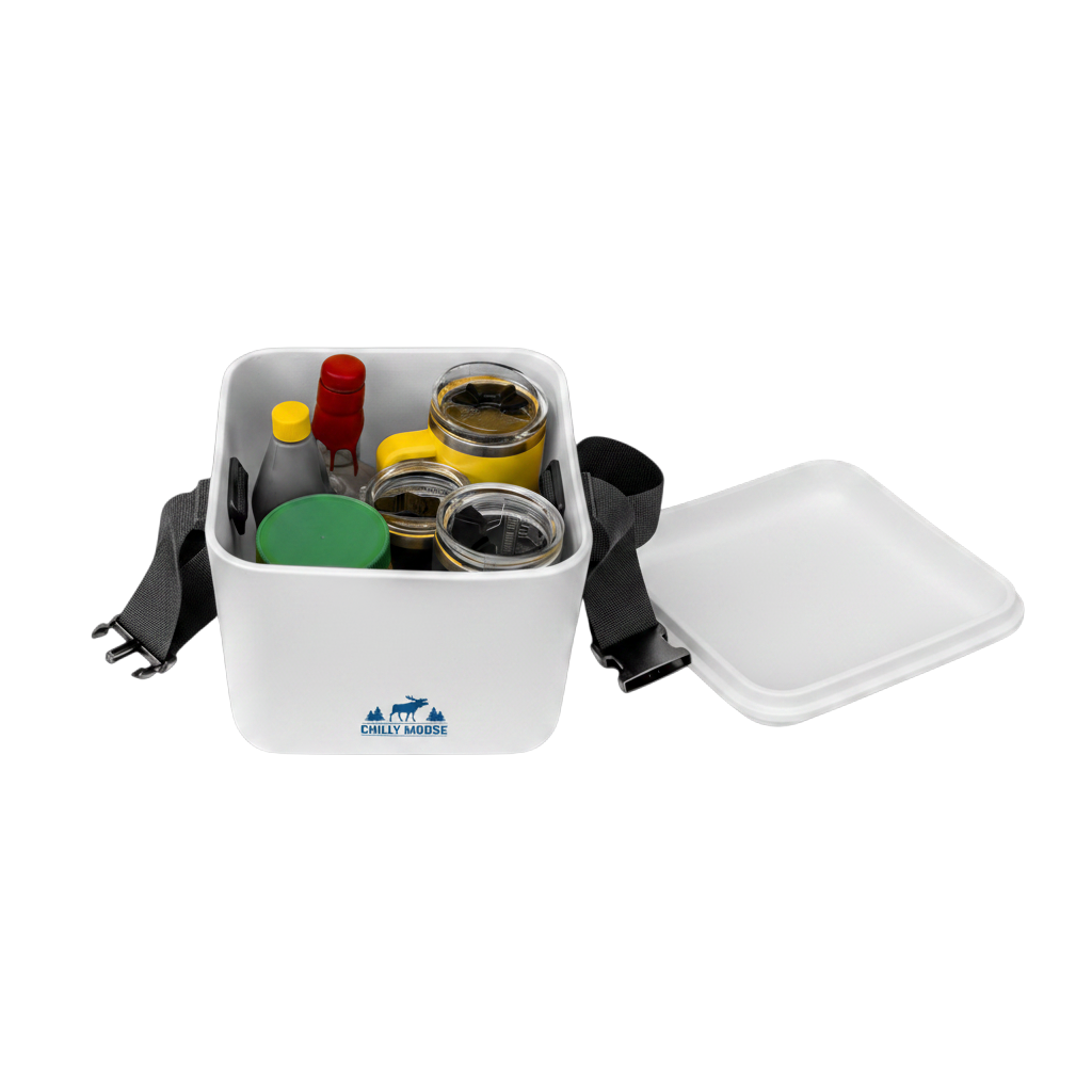 9L Cabot Cooler Cube in Frost White – Chilly Moose – open showing interior with beverages #colour_frost-white