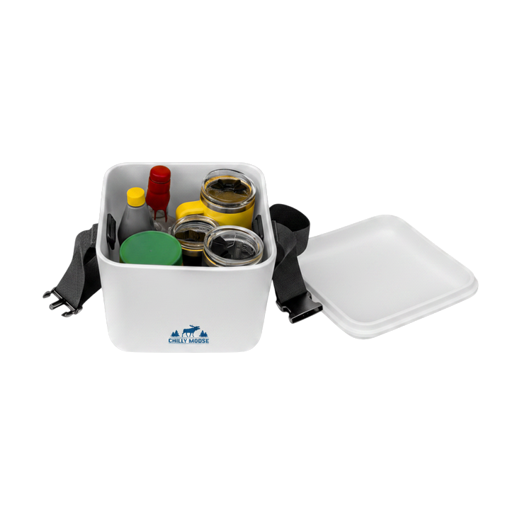 9L Cabot Cooler Cube in Frost White – Chilly Moose – open showing interior with beverages #colour_frost-white