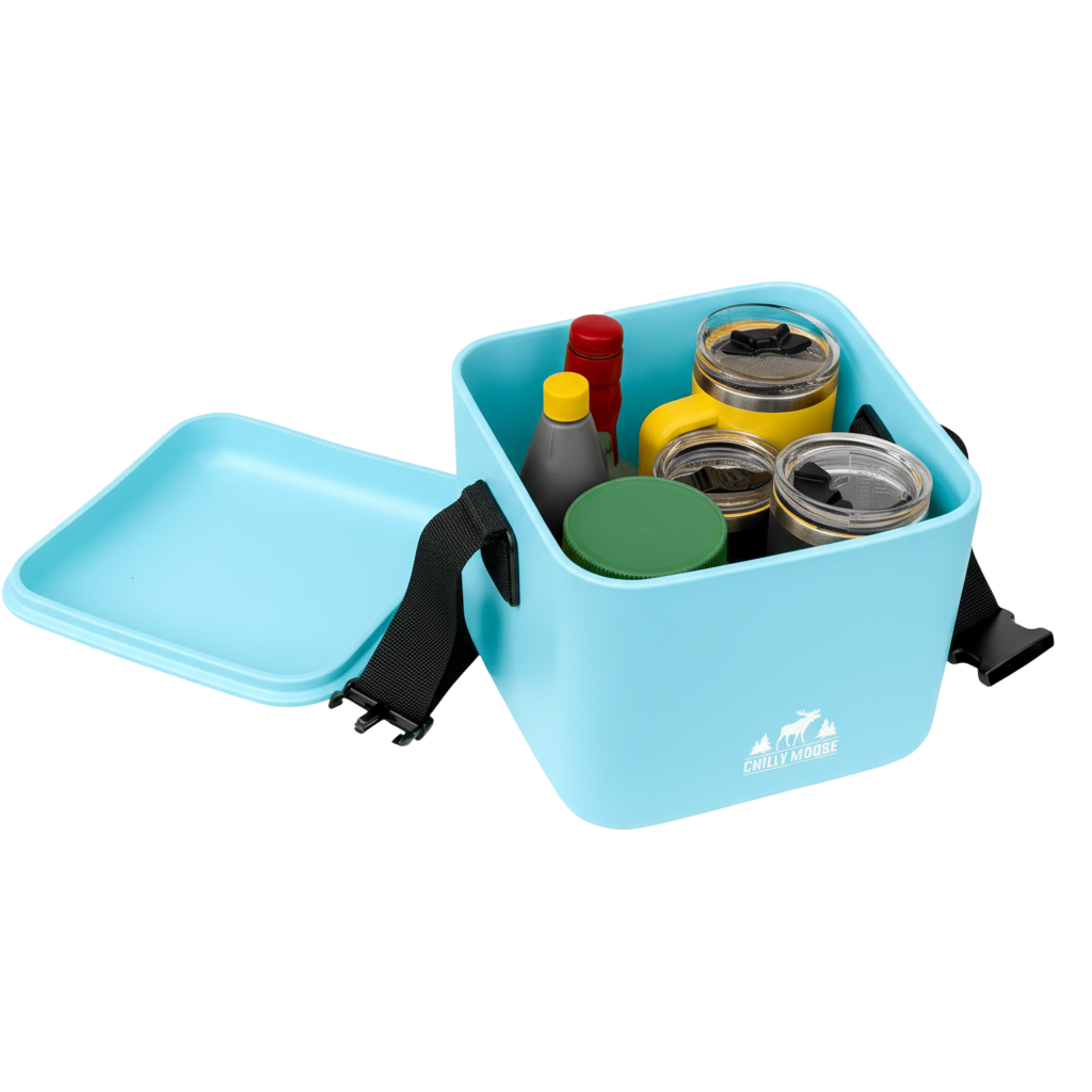9L Cabot Cooler Cube in Lake– Chilly Moose – open lid packed with drinks and food #colour_lake