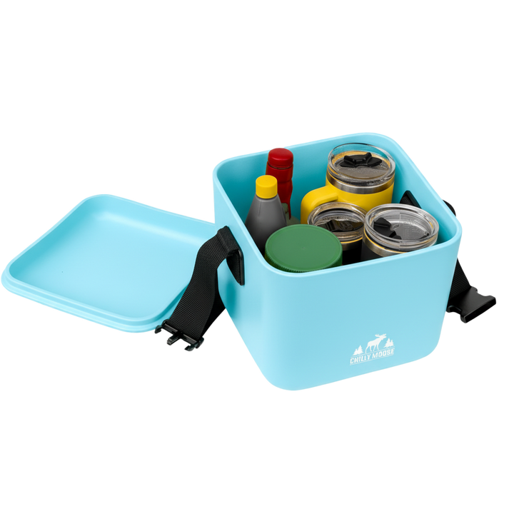 9L Cabot Cooler Cube in Lake– Chilly Moose – open lid packed with drinks and food #colour_lake