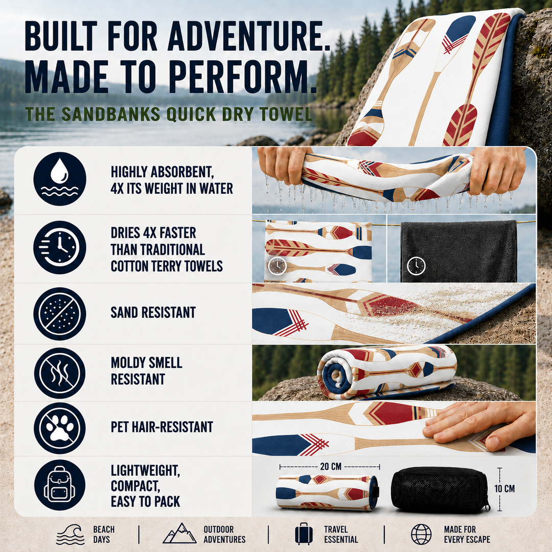 Sandbanks Travel Towel in Paddle On – Chilly Moose – Flat lay canoe paddle pattern #style_paddle-on-quick-dry-travel-towel