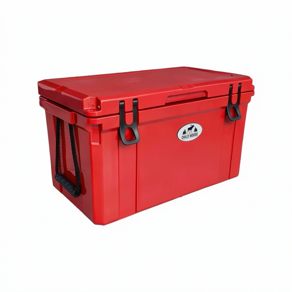 55L Chilly Ice Box Cooler in Canoe Red – Chilly Moose – Left Angle #colour_canoe-red
