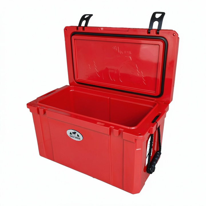 55L Chilly Ice Box Cooler in Canoe Red – Chilly Moose – Lid Open with embossed moose #colour_canoe-red
