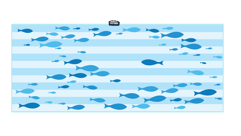 Sandbanks Travel Towel in Current Club – Chilly Moose – Flat lay fish pattern #style_current-club-quick-dry-travel-towel