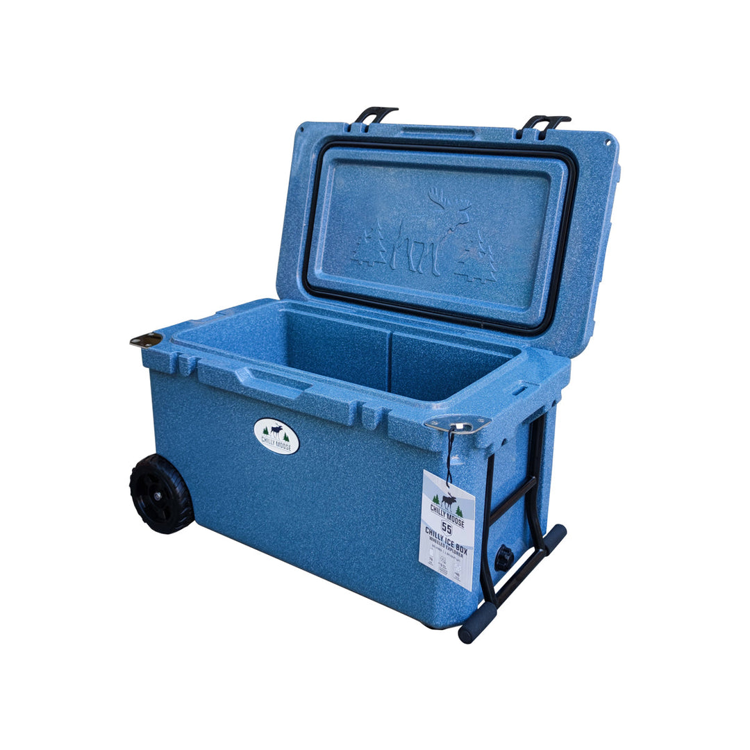 Open Box 55L Wheeled Explorer in Great Lakes – Chilly Moose – Side Angle 