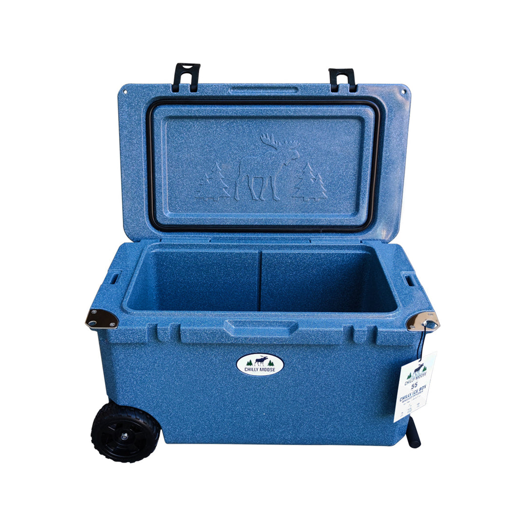 Open Box 55L Wheeled Explorer in Great Lakes – Chilly Moose – Lid open showing embossed moose 
