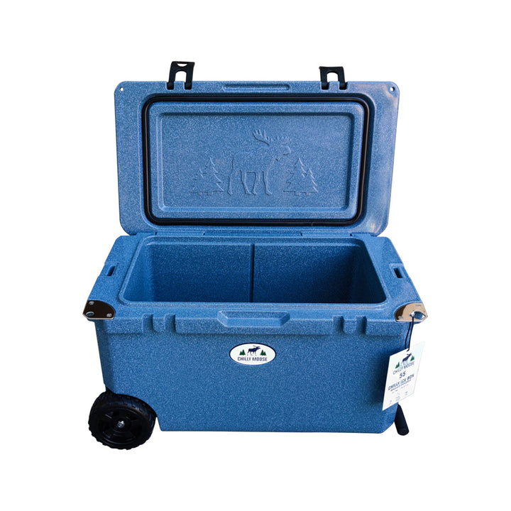 Open Box 55L Wheeled Explorer in Great Lakes – Chilly Moose – Lid open showing embossed moose 