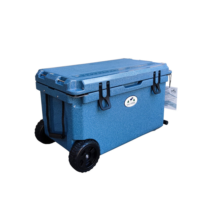 Open Box 55L Wheeled Explorer in Great Lakes – Chilly Moose – Three-quarter angle 