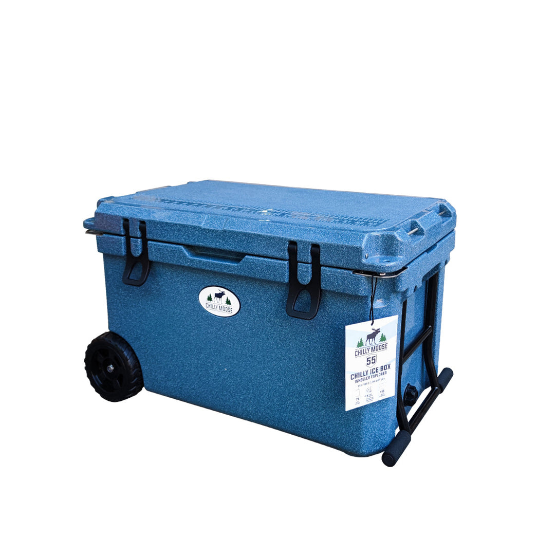Open Box 55L Wheeled Explorer in Great Lakes – Chilly Moose – Side angle with extended handle 